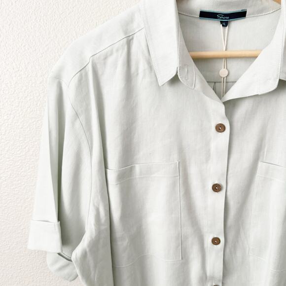 SHORE x NORDSTROM | Light Green Collared Short Sleeve Button Linen Blend | XL - Picture 2 of 8
